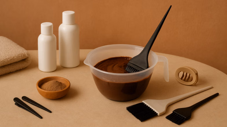 Hair dye mixture and brush showing professional hair coloring process in salon setup