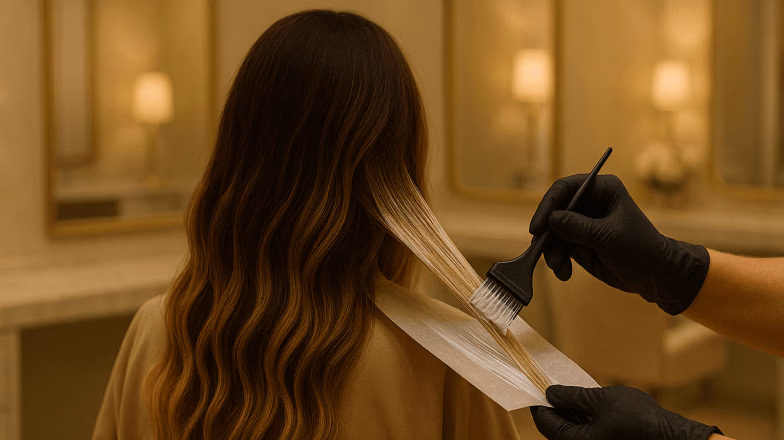 Hair stylist performing balayage coloring technique, hand-painting highlights for a natural sun-kissed effect