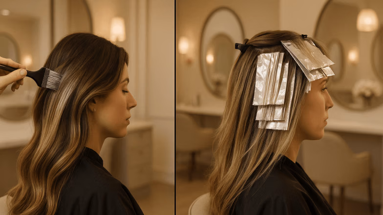Professional colorist applying foil highlights to compare balayage and traditional highlighting techniques in salon