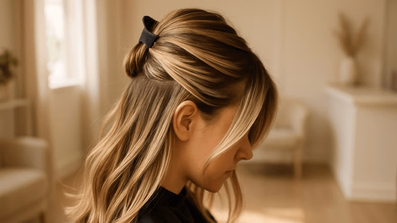 Partial balayage highlights on long hair, subtle hand-painted strands creating soft natural dimension