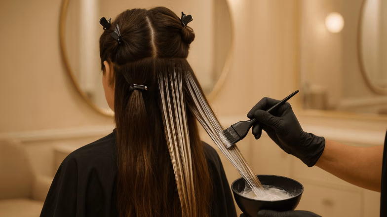 Full balayage hair color with seamless blend from darker roots to lighter ends, styled in soft waves