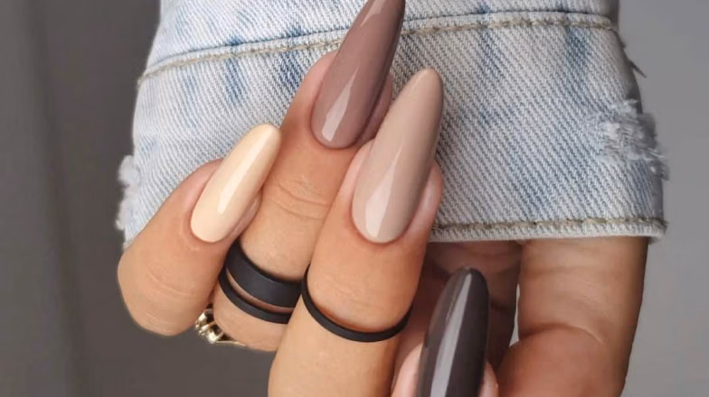 Long almond nails with nude and brown color combination design