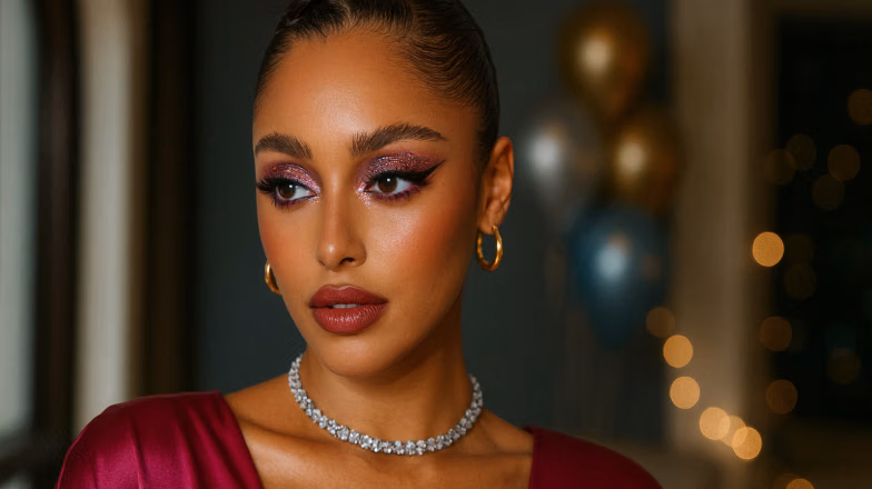 Woman with glamorous evening birthday makeup featuring glowing skin and bold eye look in Dubai