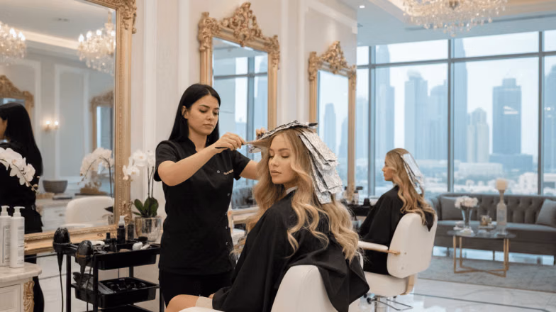 Hair stylist applying hair colouring treatment to client in a modern beauty salon