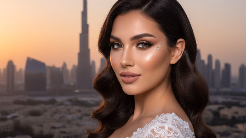 Glamorous bridal makeup look in Dubai with flawless skin and defined eyes, bride portrait with city skyline