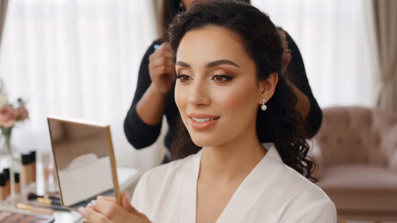 Bride getting ready with makeup artist in Dubai, bridal makeup preparation process in bright studio