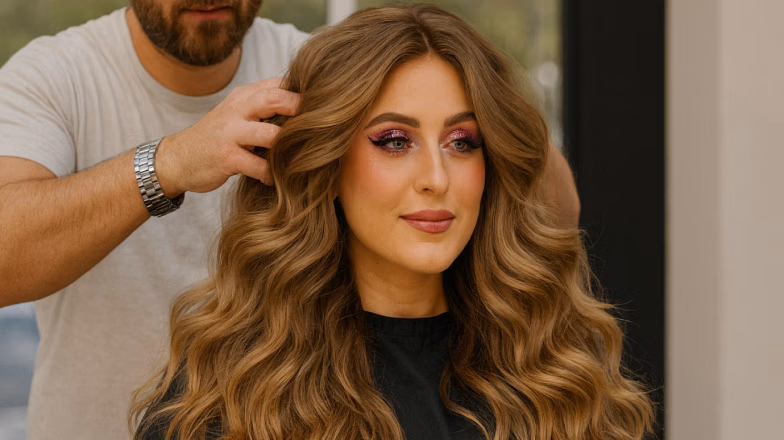 Voluminous wavy haircut styled in layers for humidity-resistant look in Dubai