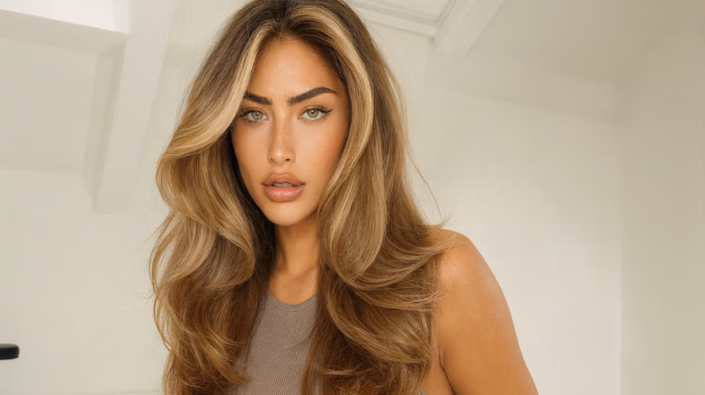 Layered haircut with soft volume designed to hold shape in humid weather