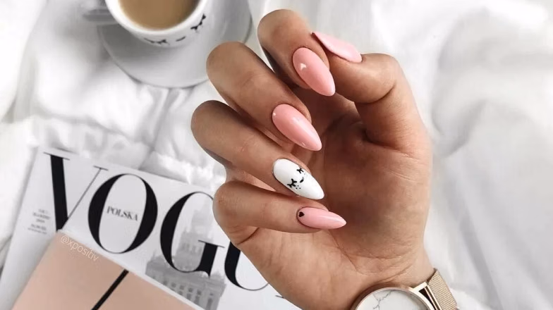 Natural gel manicure with nude polish and minimal nail design on short nails