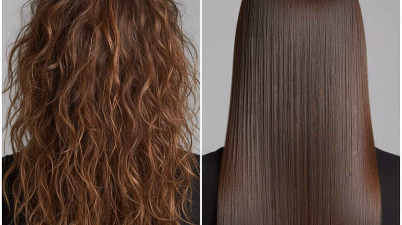 Comparison of curly and straight hair showing difference between natural texture and smoothing treatment