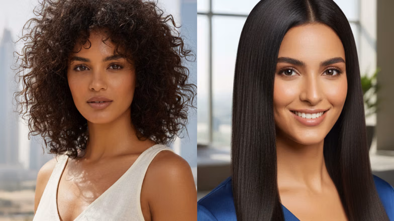 Before and after look with curly hair and sleek straight hair after smoothing treatment