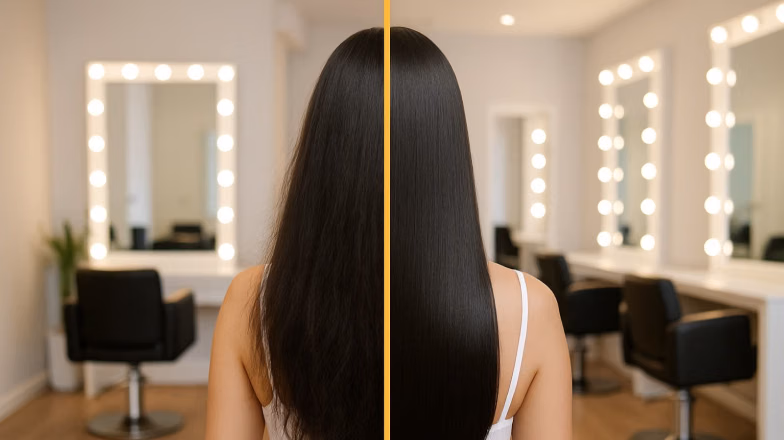 Back view of long straight hair after nourishing treatment, showcasing smooth texture and healthy glossy finish