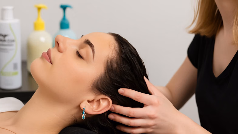 Professional applying hair nourishing treatment in salon, restoring moisture and repairing dry damaged hair