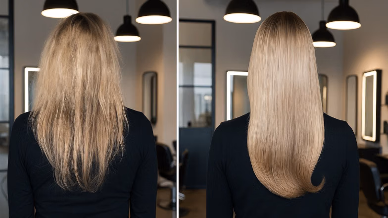 Hair stylist performing base protein treatment on blonde hair, improving strength, shine and overall hair health in beauty salon