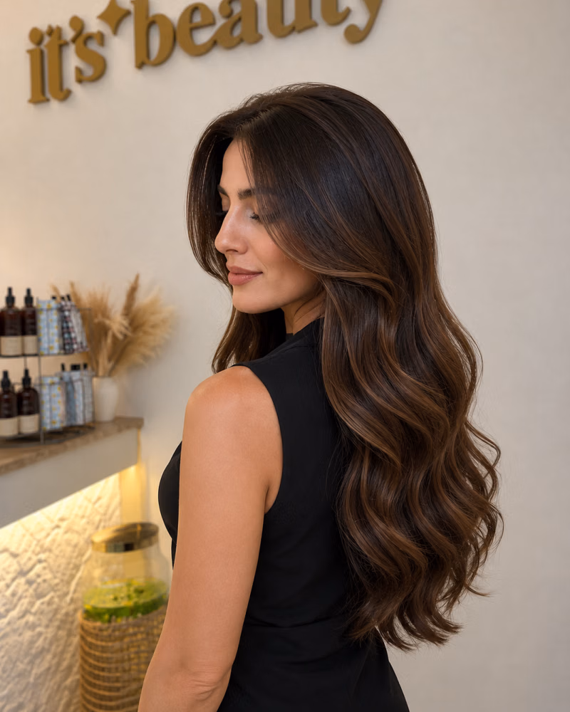Woman with rich brunette hair color and soft dimensional highlights, styled in loose waves at a Dubai hair salon