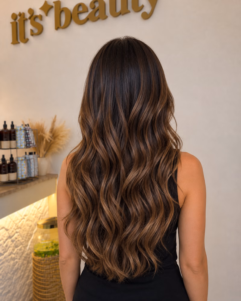Long brunette hair with blended caramel highlights and natural waves after a professional hair coloring service