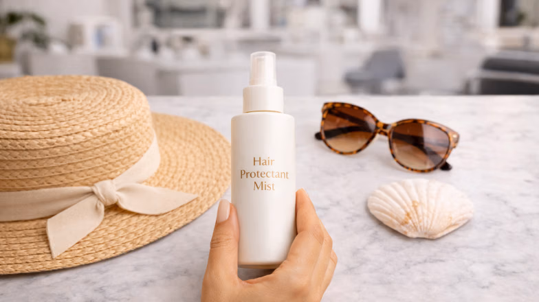 Sun protection essentials for hair including a straw hat, sunscreen spray, sunglasses and seashells on a light surface
