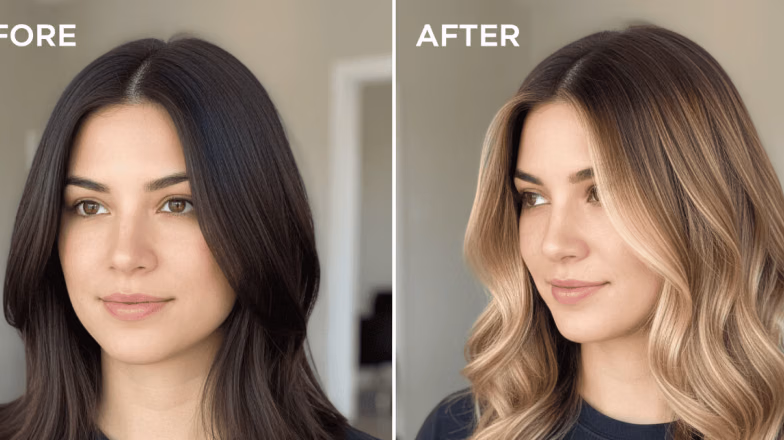 Before and after hair colouring transformation with darker hair and soft blonde balayage