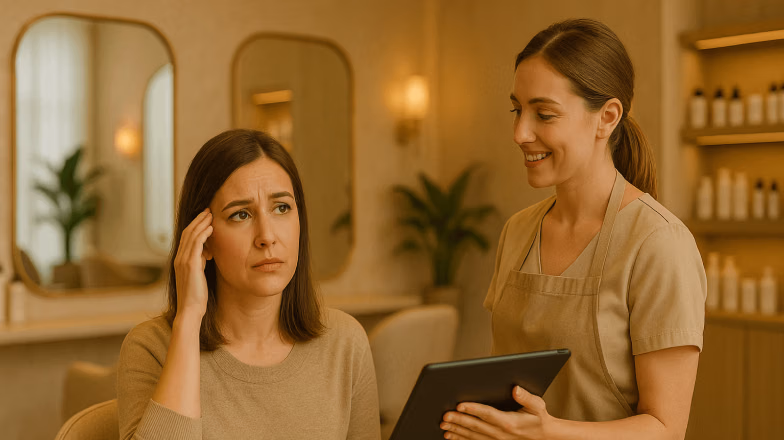 Hair stylist consulting a concerned client about hair thinning and scalp condition in salon