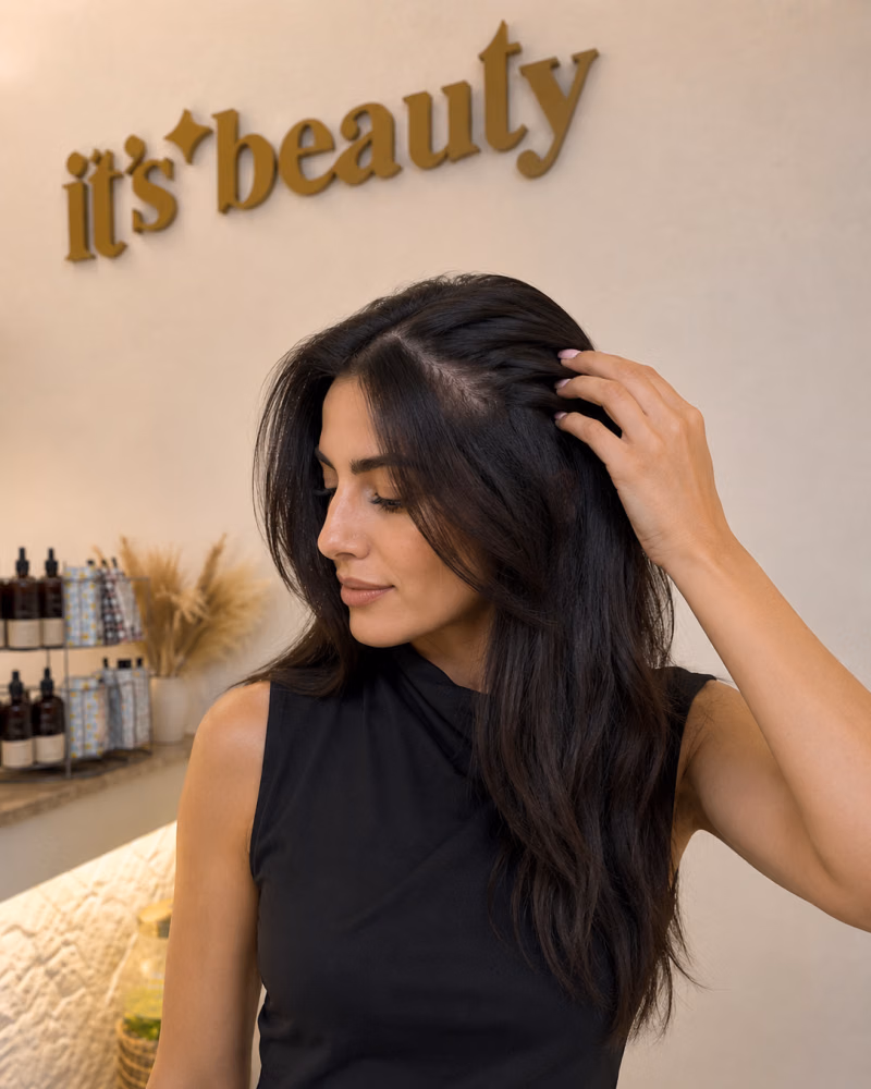 Woman examining her scalp and hair density during a professional hair loss treatment consultation