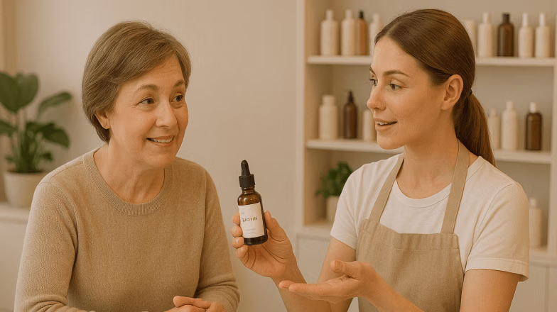 Beauty specialist showing biotin serum product to client, explaining hair and body treatment benefits
