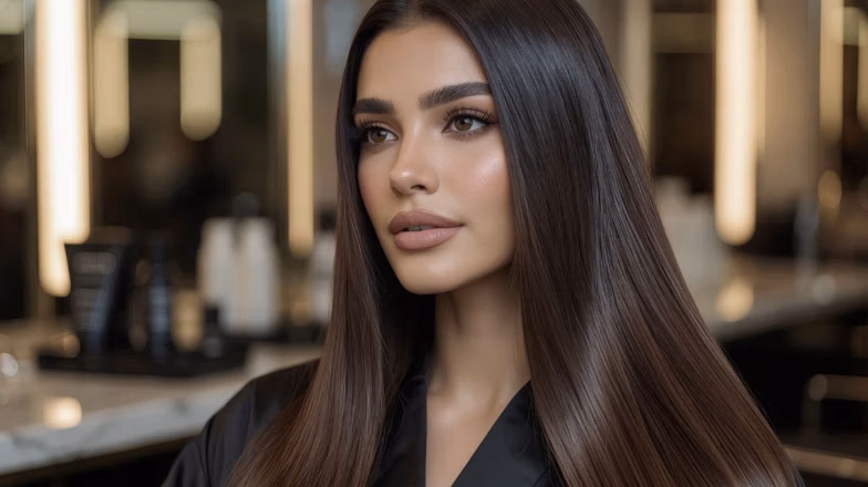 Woman with smooth straight hair after professional hair straightening treatment in a salon