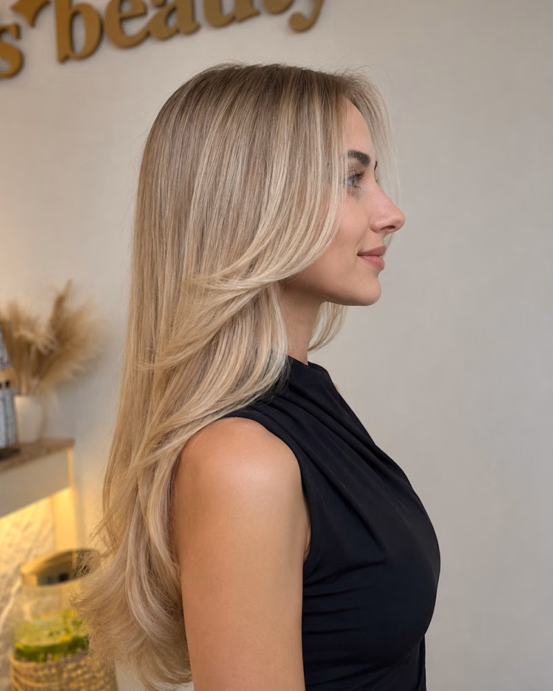 Woman with long, layered blonde hair styled in soft waves, viewed from the side inside a professional hair salon in Dubai