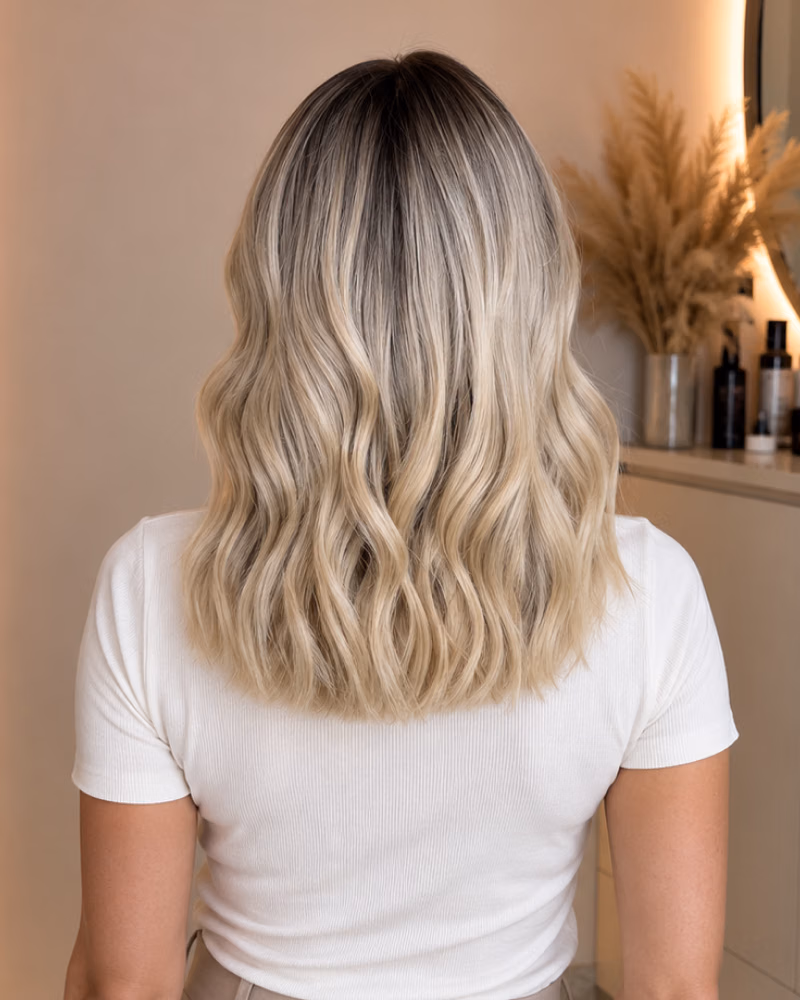 Back view of shoulder-length wavy hair with dark roots blended into cool blonde special colouring, styled in soft loose waves