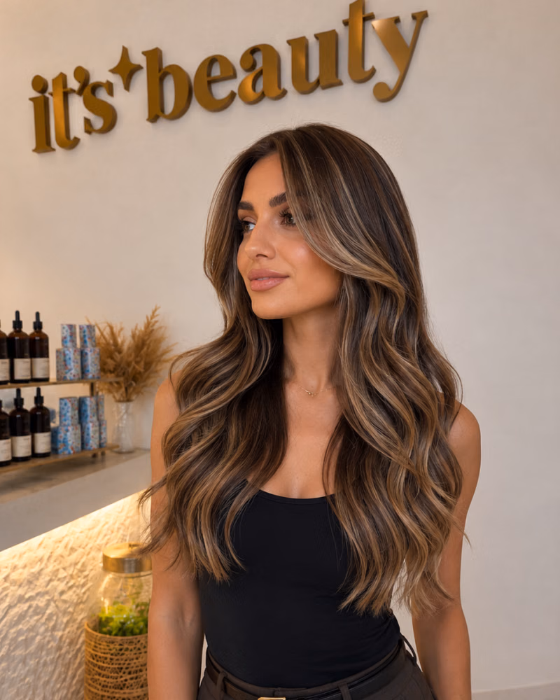 Woman with long brunette hair featuring dimensional blonde highlights and soft waves after professional highlights coloring