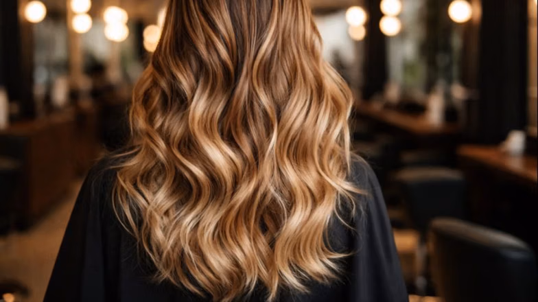 Back view of balayage hair coloring with soft blended highlights and natural dimension