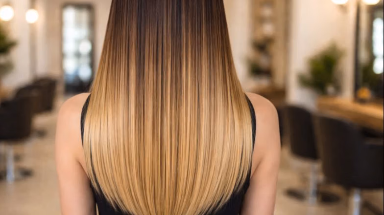 Ombre hair with dark roots and smoothly blended lighter ends in a salon setting