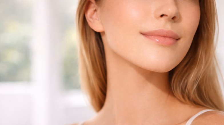 Close-up of a woman with smooth, even complexion demonstrating a well-applied base makeup look