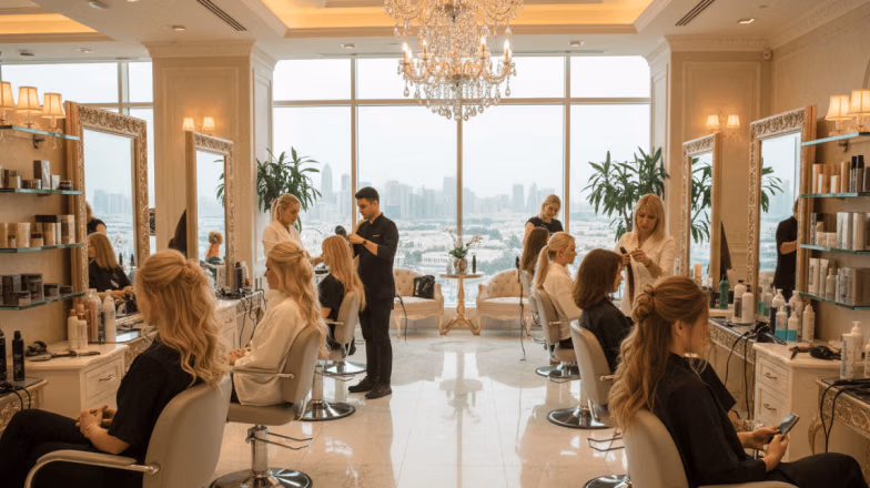 Spacious beauty salon interior with clients receiving professional hair colouring services