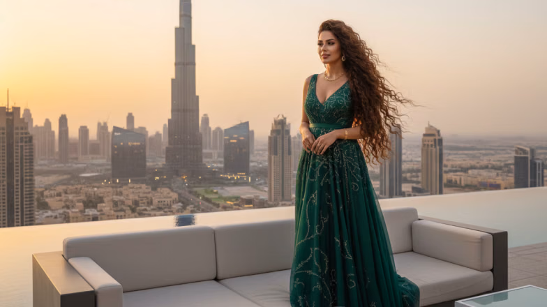 Long flowing hair with Dubai skyline in background, result of hair extensions