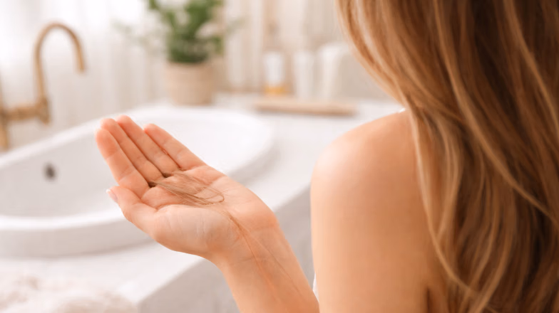 Woman checking hair strands in her hand to identify hair breakage versus natural shedding