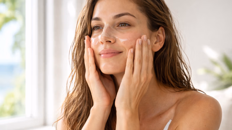 Woman with fresh hydrated skin after using a face mask, gently touching her cheeks