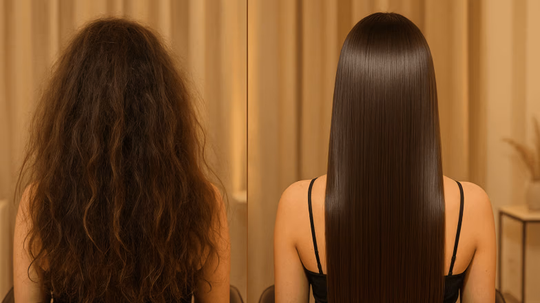 Before and after keratin hair treatment comparison showing transformation from frizzy to sleek straight hair