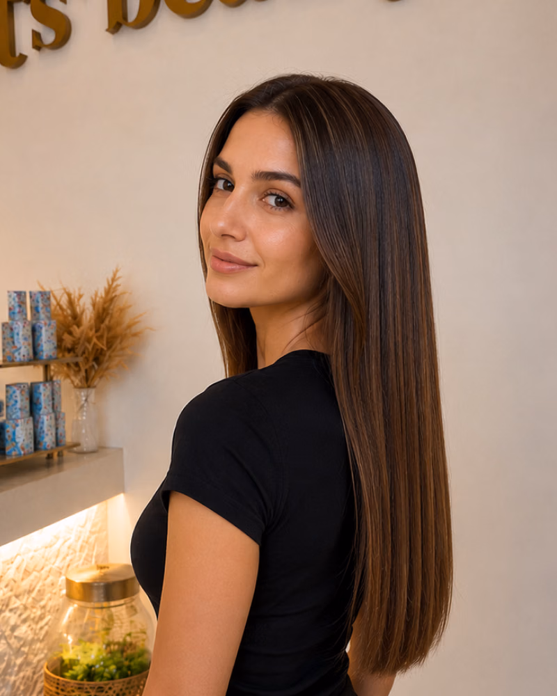 Woman with smooth, sleek brunette hair showcasing the results of a professional keratin treatment