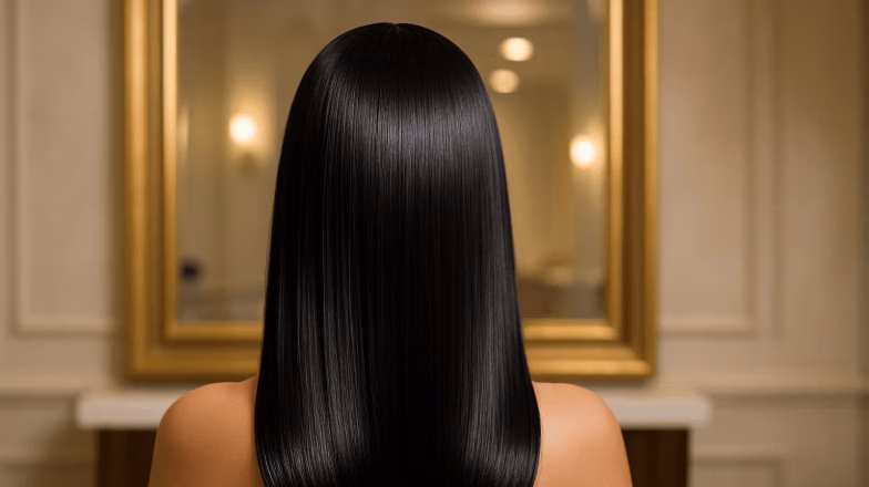 Back view of long straight silky hair after keratin treatment, highlighting smooth texture and mirror-like shine