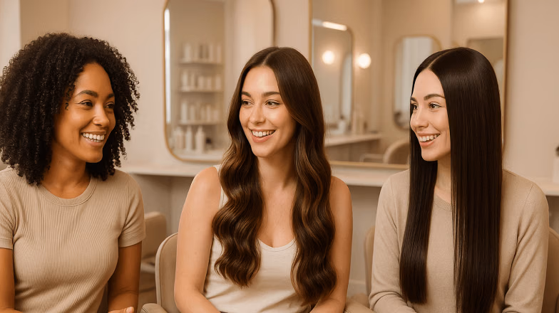 Group of smiling women with healthy styled hair, showcasing results of professional keratin treatment in salon