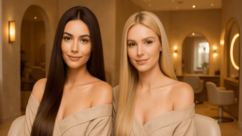 Two women with smooth shiny straight hair after keratin treatment, showcasing healthy glossy results in beauty salon