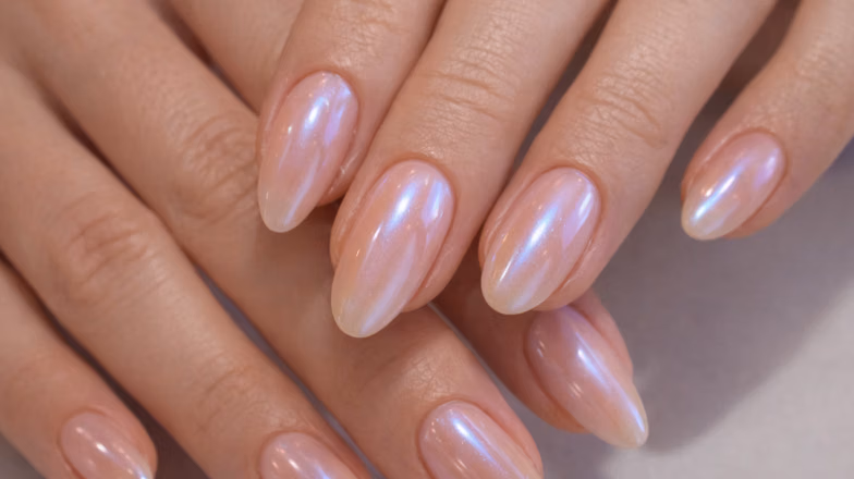 Minimalist pearlescent nails with soft shimmer and natural look