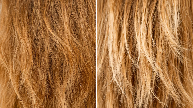 Side-by-side comparison of dry frizzy hair and smoother hair, illustrating moisture deficiency versus hair damage
