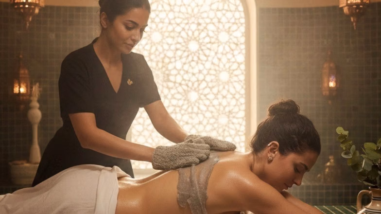 Moroccan bath treatment in Dubai with therapist exfoliating skin in a hammam