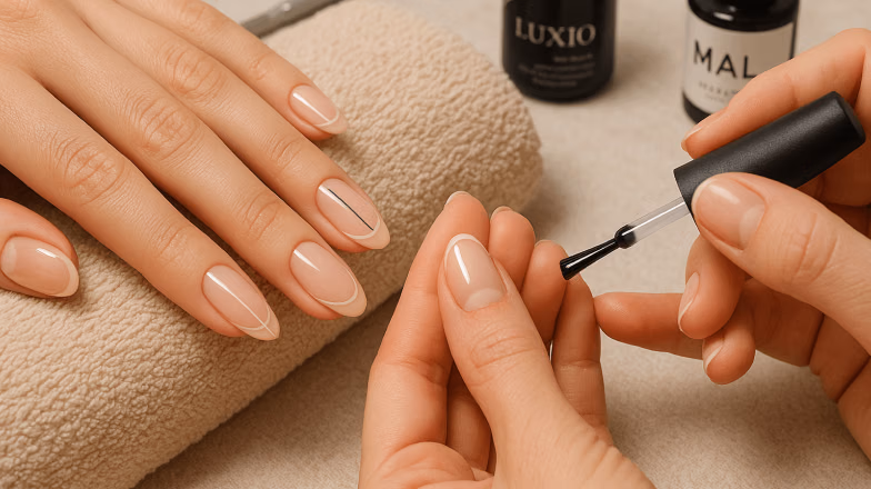 Nail technician performing professional manicure using electric file tool in beauty salon