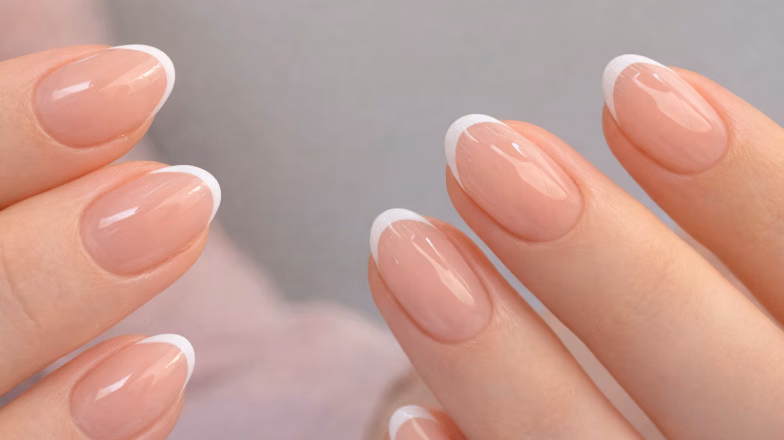 Classic nude manicure on short natural nails with clean glossy finish