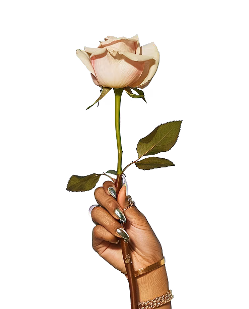 Woman's hand with long metallic manicure holding a rose, showcasing elegant nail extension services in Dubai salon