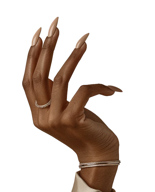 Elegant female hand with long nude manicure and almond-shaped nails, showcasing professional nail salon services in Dubai