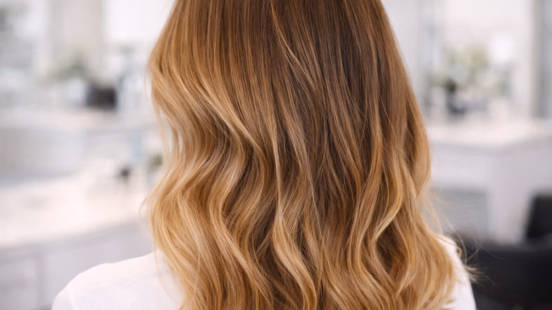 Back view of a woman with long wavy hair showing smooth blended colour after professional dye treatment