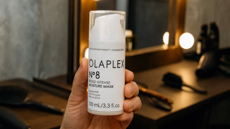 Olaplex No. 8 Bond Intense Moisture Mask bottle held in hand in a beauty salon environment